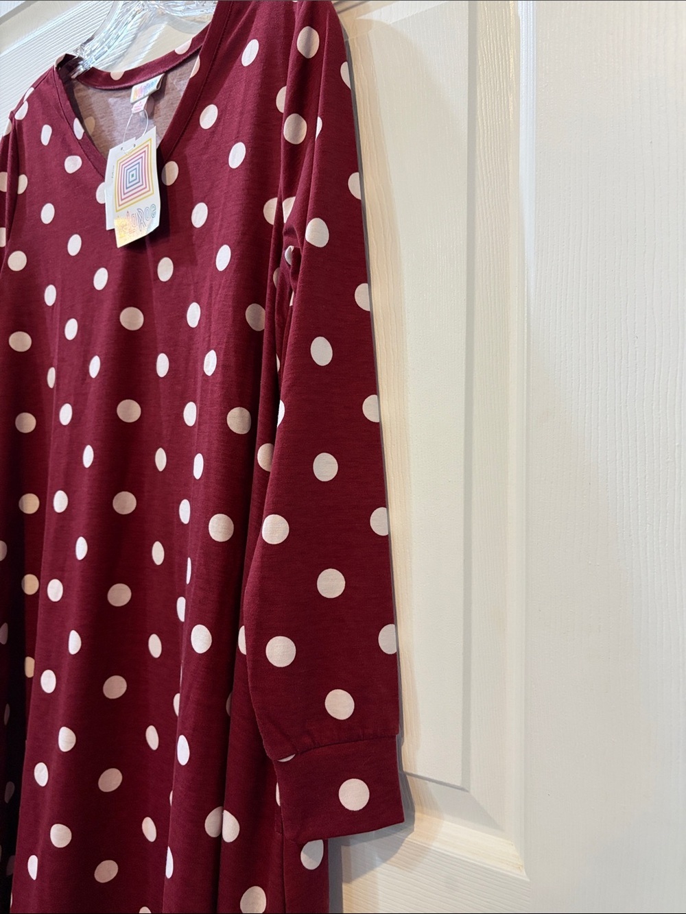 LuLaRoe Emily Style Burgundy with White Polka Dots V-Neck Swing Dress NWT - Picture 3 of 7